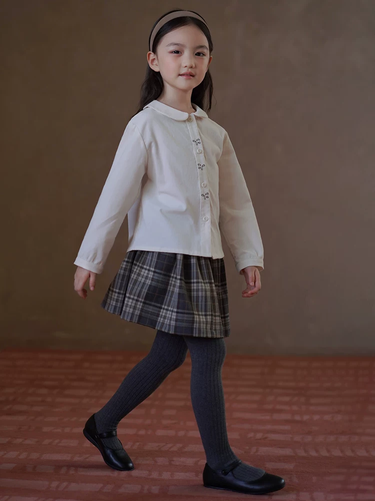 Quần áo trẻ em xuân thu, áo sơ mi nhung thêu phong cách Hàn Quốc cho bé gái, áo cho trẻ lớn, trang phục mùa thu, thân thiện với làn da, cotton nguyên chất.