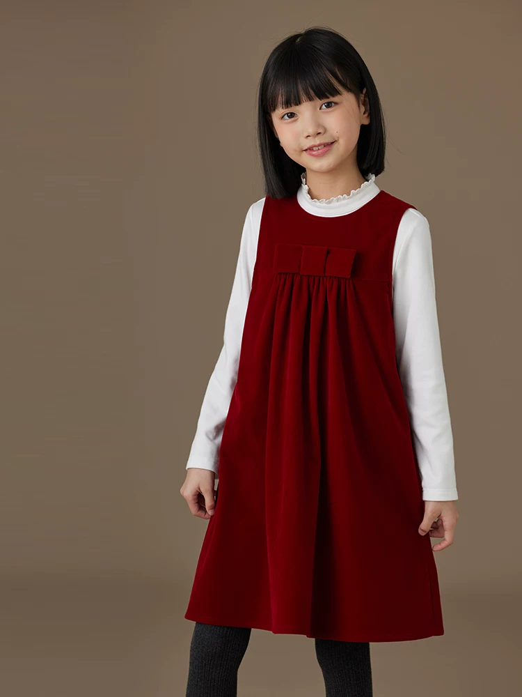 Quần áo trẻ em cho mùa thu đông, váy vest trẻ em, váy dài nhung đỏ tía có nơ, váy bé gái cho trẻ lớn.