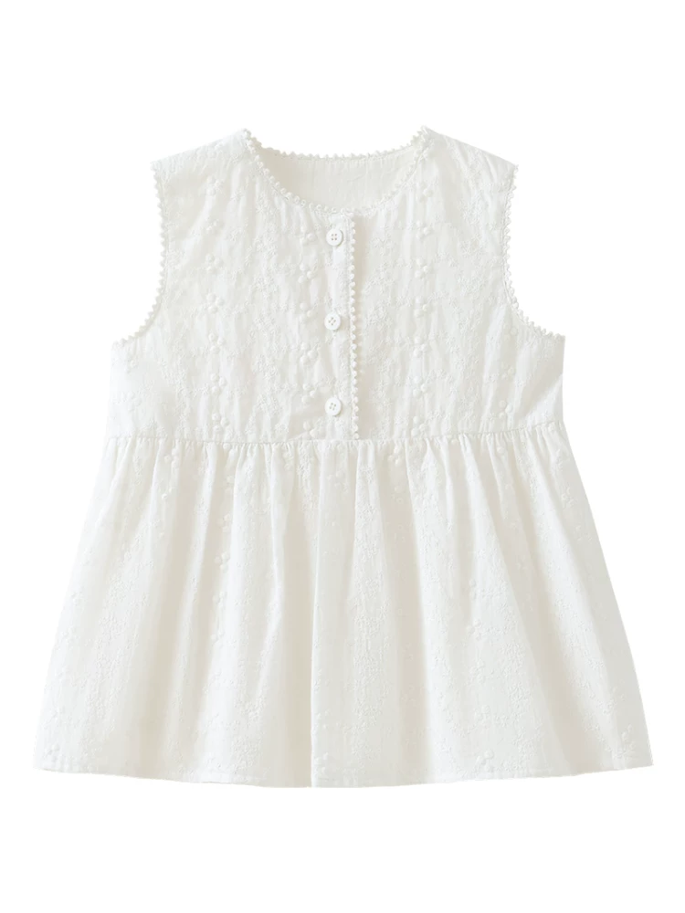 Quần áo trẻ em áo sơ mi cotton trắng không tay dành cho bé gái trang phục mùa hè tươi mát dễ thương dành cho trẻ lớn hơn