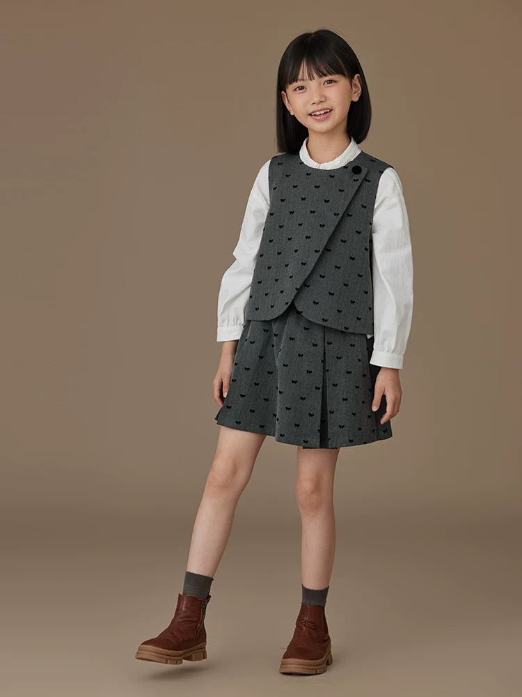 Quần áo trẻ em Ha Chi màu xám đậm áo vest trẻ em váy ngắn váy ngắn bé gái bộ hai mảnh xuân thu phong cách mới cao cấp