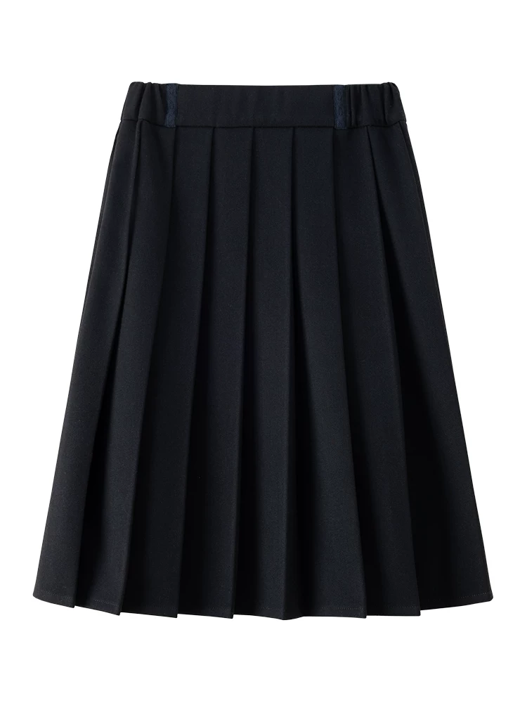 Váy dài dáng chữ A cho bé gái, chất liệu len dày màu xanh navy, kiểu xếp ly phong cách preppy, trang phục mùa đông mẫu mới 2024.