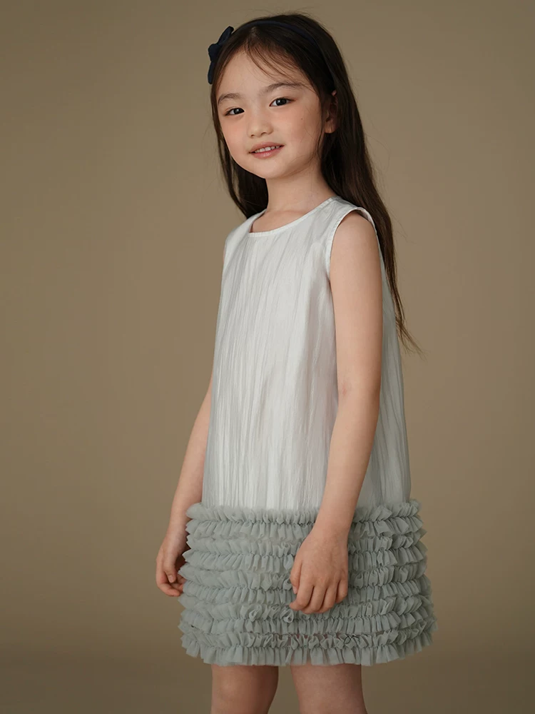 Quần áo mùa hè cho trẻ em, váy dày dặn phối màu mây thơm, váy hai dây dài vừa phải cho bé gái, váy voan cho bé gái