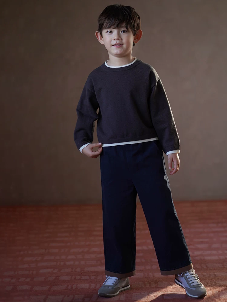 Quần áo trẻ em mùa xuân thu quần dài màu xanh hải quân cotton thân thiện với da quần thẳng bé trai và bé gái quần rộng rãi phong cách giản dị