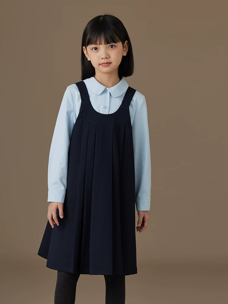 Quần áo trẻ em mùa xuân thu áo sơ mi dài tay màu xanh cotton thân thiện với da cổ búp bê áo sơ mi bé gái phong cách cha mẹ và con cái