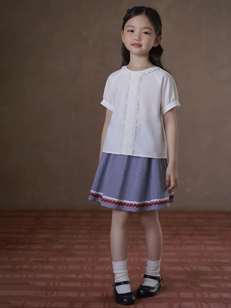 Quần áo trẻ em Hazi Áo thun trắng mát mẻ mùa hè Lyocell dành cho bé gái Áo sơ mi ngắn tay dành cho trẻ lớn hơn Phong cách mùa hè mới