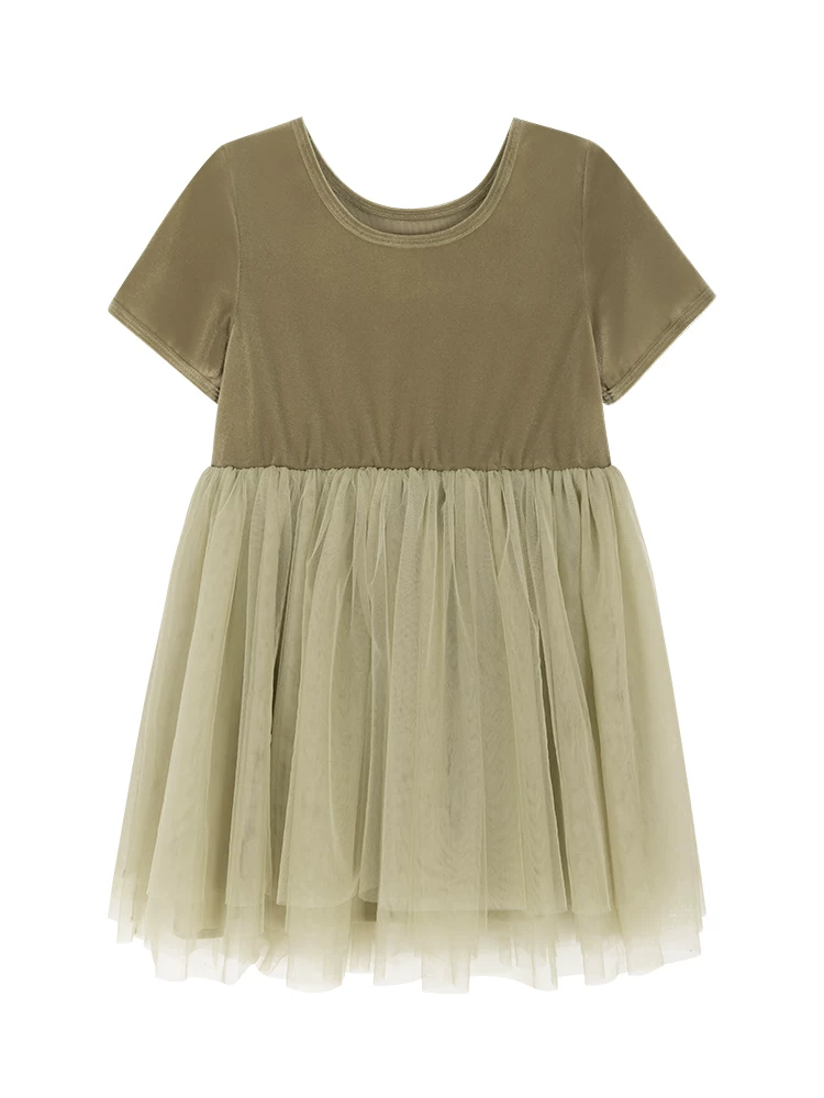 Váy vải tuyn màu xanh lá mỏng mùa hè dành cho bé gái, váy ngắn tay, ôm sát, chất liệu cotton nguyên chất dành cho bé gái.