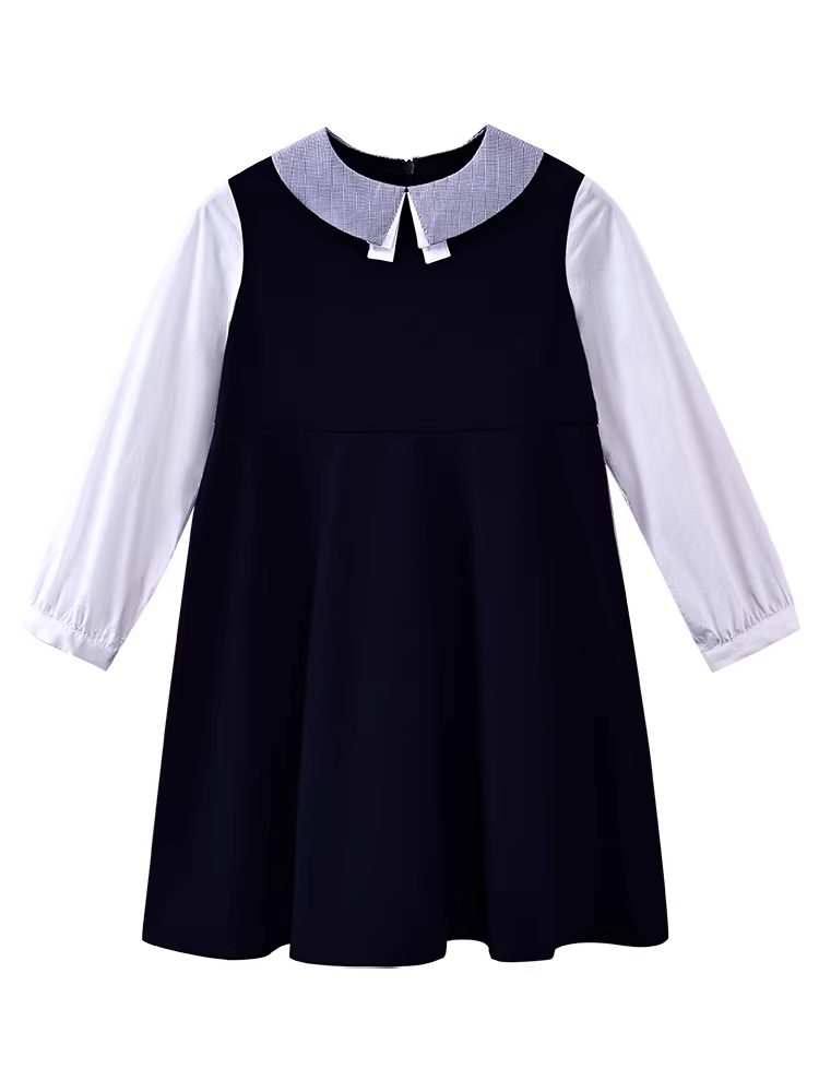 Quần áo trẻ em cho mùa xuân và mùa thu, váy hai mảnh dài tay kiểu học sinh cho bé gái, váy dài màu xanh hải quân cho bé gái, trang phục mùa thu.