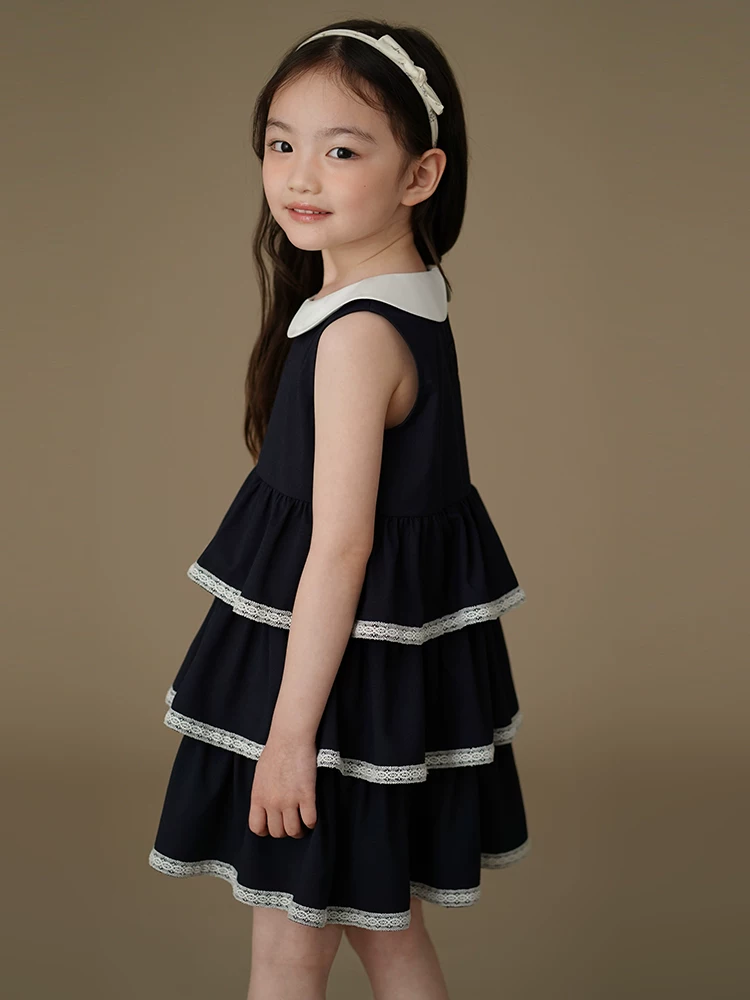 Quần áo trẻ em váy vest mùa hè có cổ búp bê, váy không tay cho bé gái, váy bánh ngọt có thiết kế, váy trang trọng.