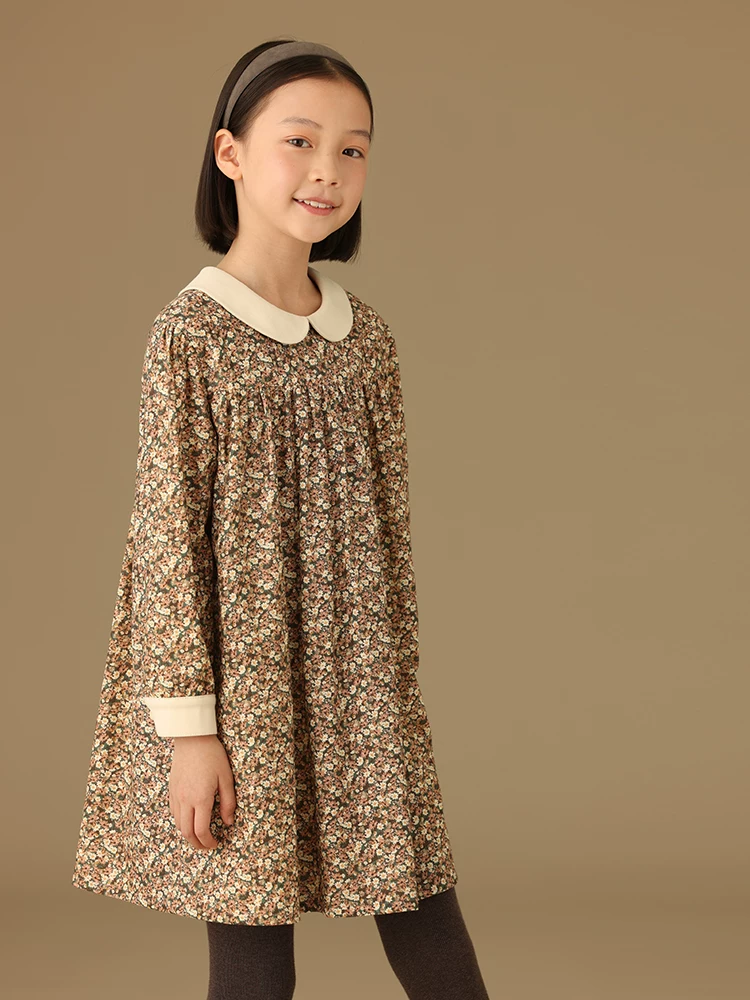 Quần áo trẻ em mùa thu đông váy hoa retro cotton nguyên chất cổ búp bê bé gái váy dài tay sành điệu cho bé gái