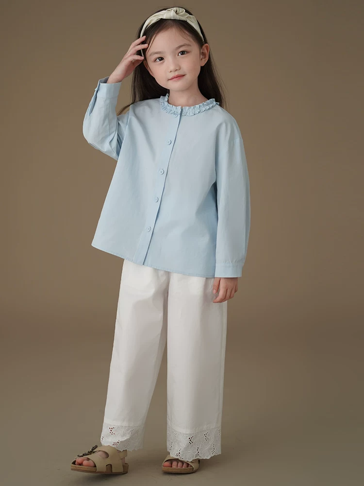 Quần áo trẻ em mùa xuân hè quần dài thường ngày màu trắng ren ngọt ngào lyocell quần thẳng bé gái mùa xuân phong cách mới