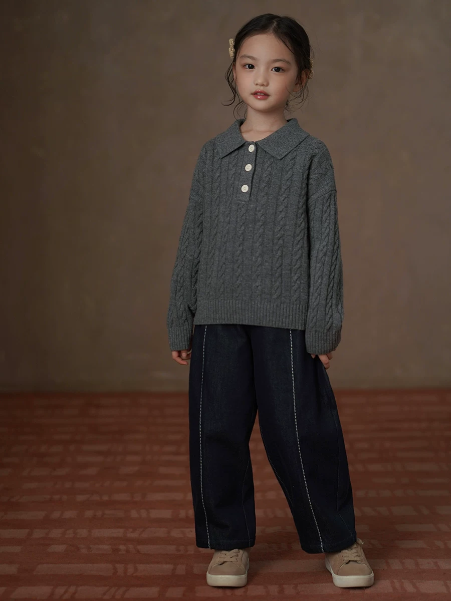 Quần dài mùa đông lót lông cừu cho trẻ em, kiểu dáng xuông rộng, quần ống đứng, phong cách retro, chất liệu denim, dành cho cả bé trai và bé gái