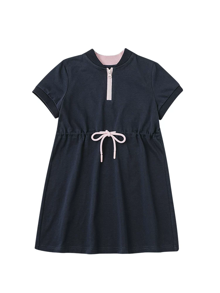 Váy mùa hè màu xanh hải quân cho trẻ em, váy ngắn tay đơn giản bằng cotton cho bé gái, kiểu dáng mỏng nhẹ cho bé gái