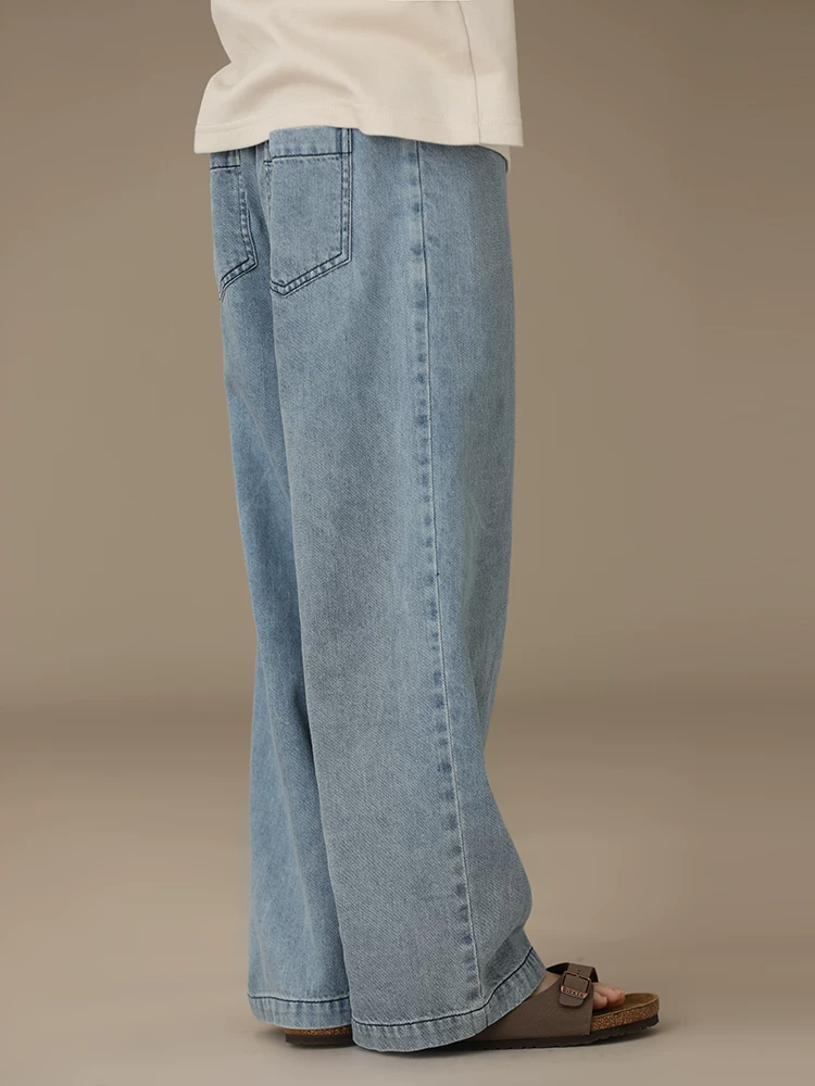 Quần áo trẻ em xuân thu unisex dáng ôm thẳng rộng dài chấm đất chất liệu mềm mại quần jeans ống rộng cho bé trai và bé gái
