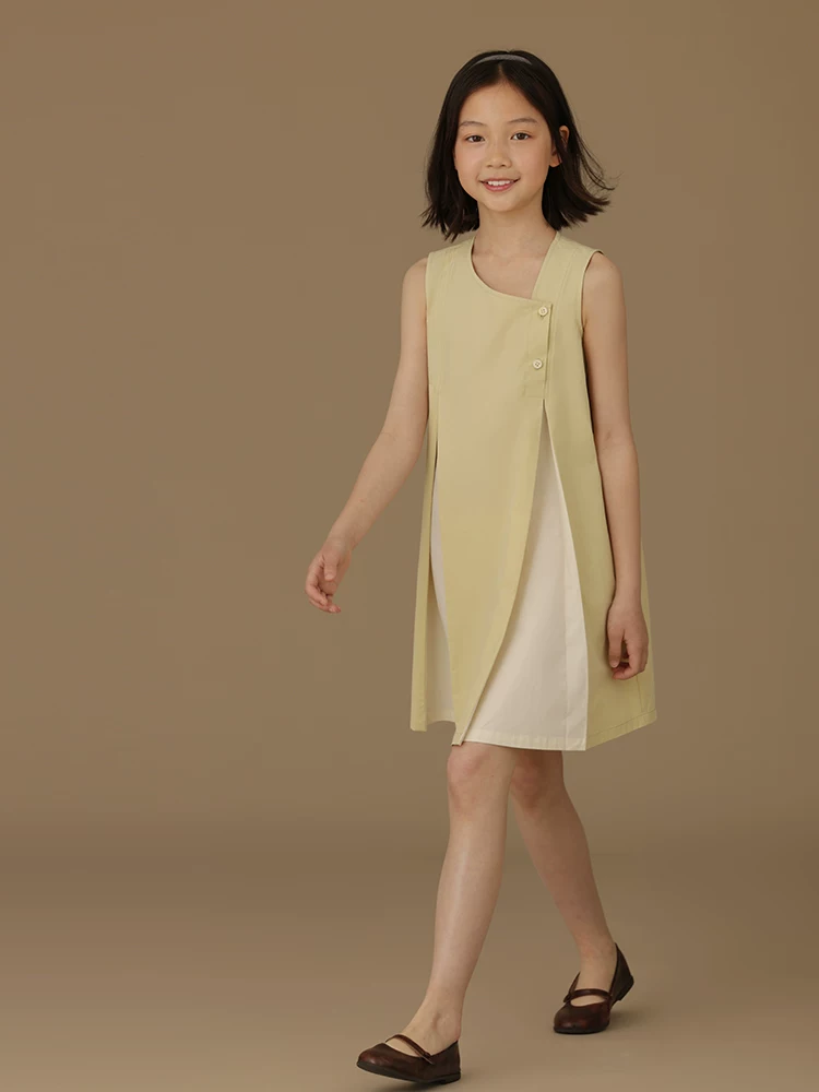 Quần áo trẻ em mùa hè váy vest màu vàng nhạt màu xanh lá cây váy dáng rộng giản dị dành cho trẻ lớn hơn mang lại cảm giác cao cấp