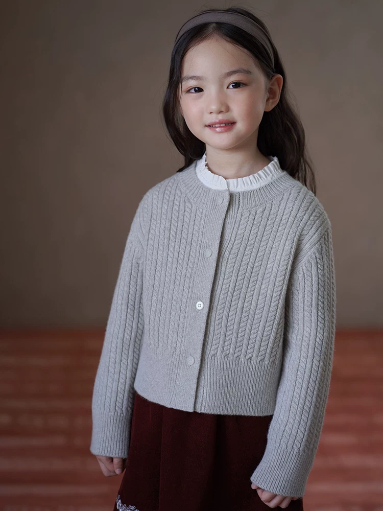 Áo len trẻ em cho mùa thu đông, áo cardigan ngắn dệt kim màu xám phong cách Hàn Quốc cho bé gái, áo khoác len cho trẻ lớn.