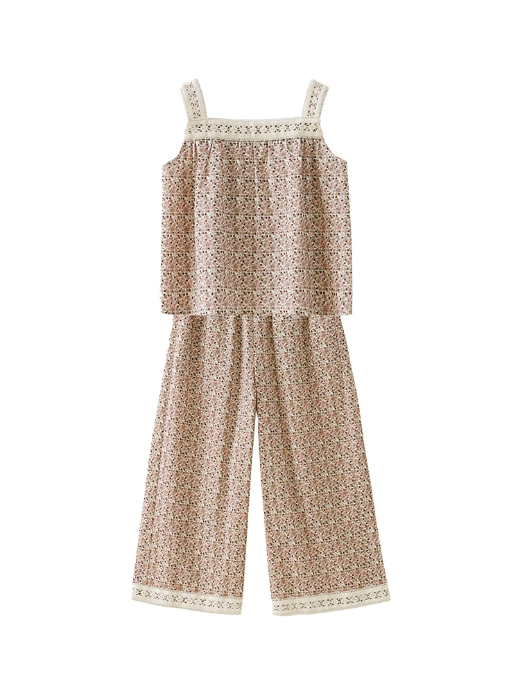 Bộ quần áo mùa hè cho trẻ em: áo vest cotton hoa hồng thân thiện với làn da và quần dài cho bé gái, kiểu dáng mùa hè mỏng nhẹ.