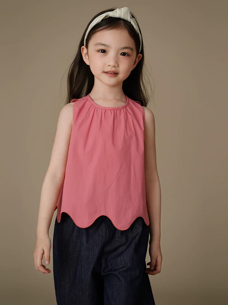 Quần áo trẻ em phong cách Hàn Quốc áo vest cotton màu hồng hồng áo sơ mi không tay cho bé gái mùa hè phong cách mới dành cho trẻ lớn hơn