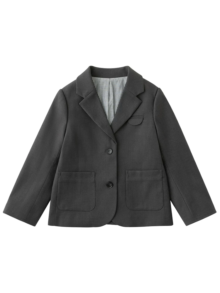 Quần áo trẻ em cho mùa xuân và mùa thu, áo blazer màu xám đơn giản và thanh lịch theo phong cách học đường dành cho bé trai và bé gái, bộ vest mỏng lịch sự.