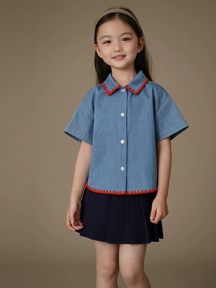Áo sơ mi denim trẻ em Hazi 2025 kiểu retro, thời trang, dành cho bé trai và bé gái, tay ngắn, mùa hè