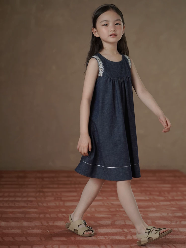 Quần áo trẻ em Hazi Váy trẻ em mùa hè Váy denim giản dị cổ điển cho bé gái Váy ba lỗ cho bé gái Thiết kế đơn giản