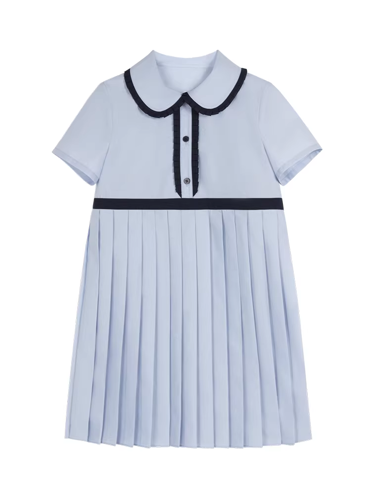 Váy xếp ly mùa hè cho bé gái, viền ren, màu xanh, kiểu học sinh, đầm ngắn tay cho trẻ lớn, mặc mùa hè