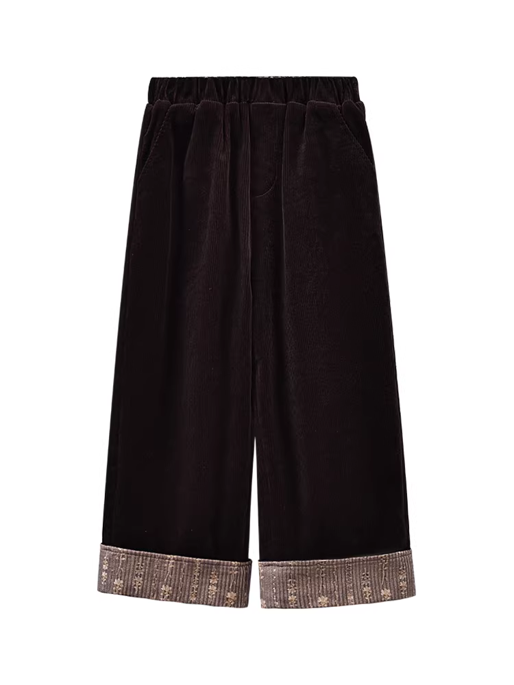 Quần mùa đông cho bé gái, quần vải nhung kẻ sọc lót lông cừu ấm áp, quần ống đứng dày dặn họa tiết hoa ghép cho bé gái.