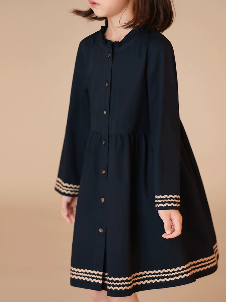 Quần áo trẻ em mùa xuân thu, đầm dạ hội trẻ em chất liệu cotton 100%, cổ ren, màu xanh navy, kiểu học sinh, đầm dài tay cho bé gái, trang phục dạ hội