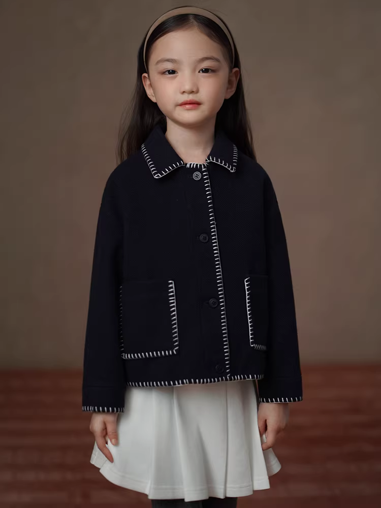 Quần áo trẻ em mùa thu đông áo khoác mới màu xanh hải quân áo khoác đi học bé trai và bé gái len mặc mùa thu đơn giản giản dị