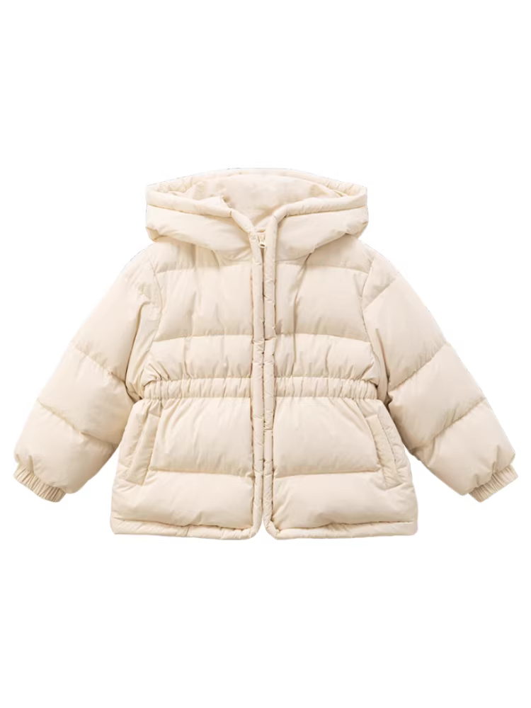 Áo khoác mùa đông dành cho trẻ em Hazi dành cho trẻ em, Áo khoác có mũ trùm đầu màu trắng kem đơn giản, đa năng dành cho bé gái, ấm áp.