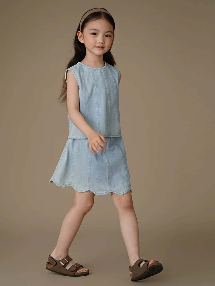 Quần áo trẻ em váy denim thoáng khí thân thiện với làn da trang phục mùa hè cho bé gái lớn hơn