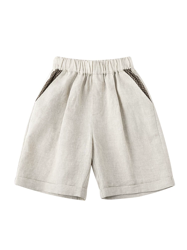 Quần áo trẻ em Ha Chi Mùa hè Mới về Chất liệu vải lanh cao cấp Quần short năm điểm phối màu cha mẹ và con cái