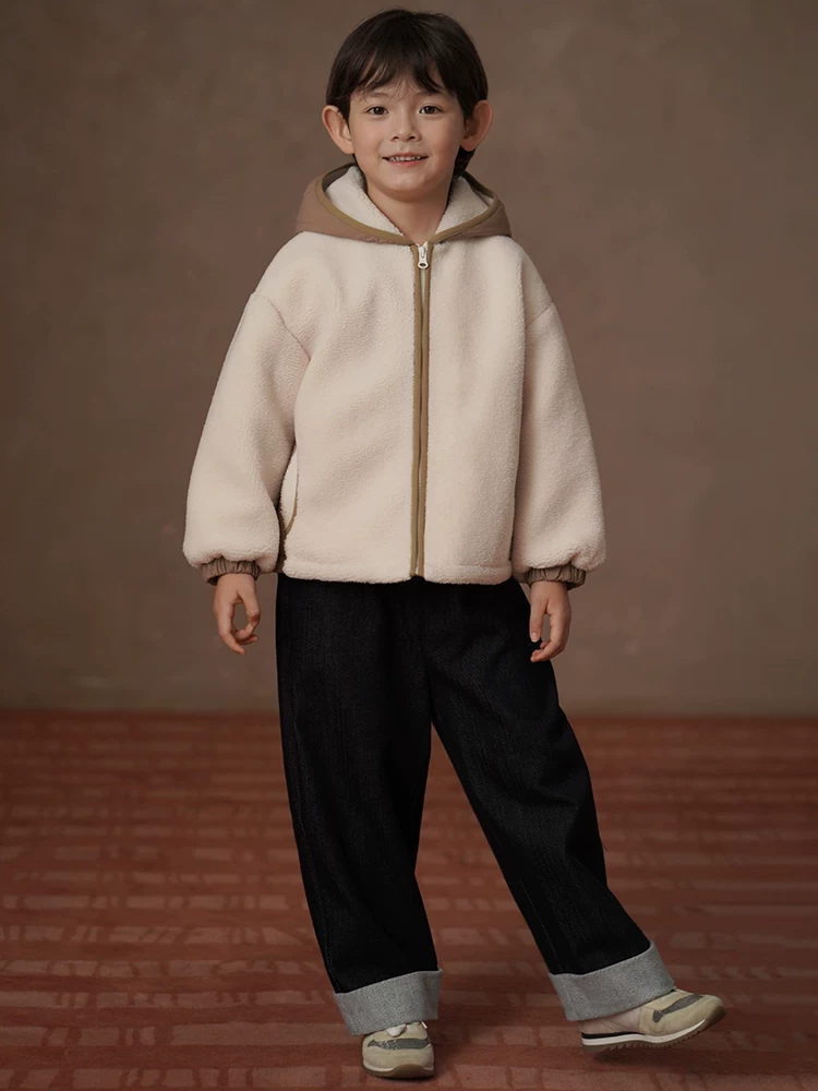 Quần áo trẻ em áo khoác có mũ trùm đầu dáng rộng giả lông cừu áo khoác bé trai bé gái quần áo cotton ấm áp mùa đông