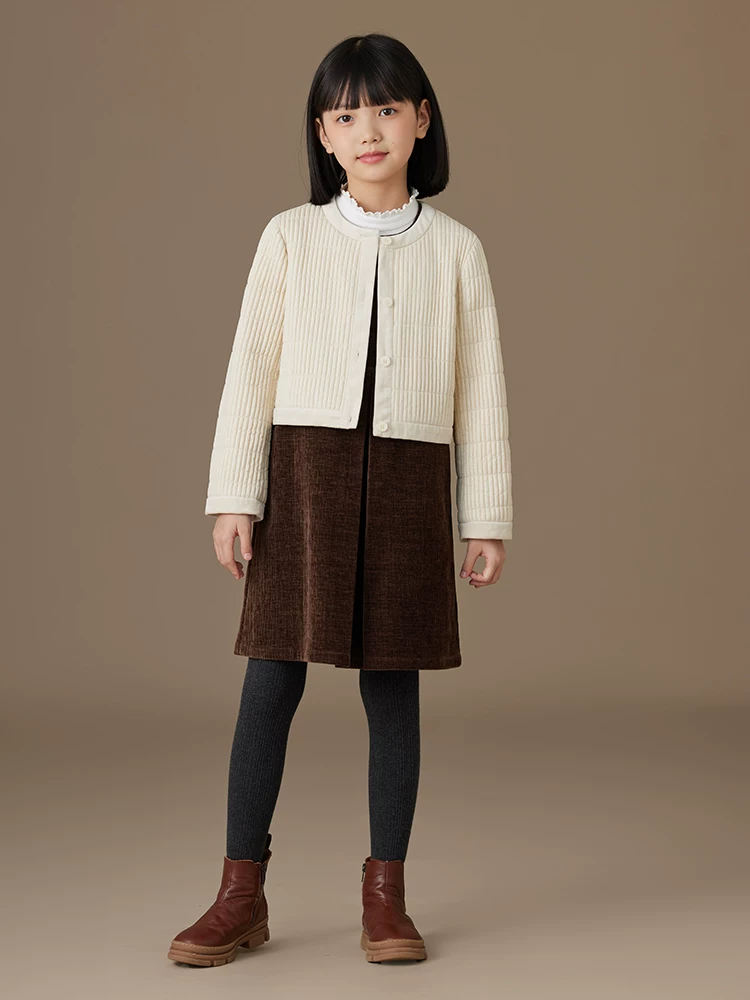 Quần áo trẻ em cho mùa thu đông, áo khoác độn bông, áo sọc đơn giản, áo khoác cotton màu mơ cho bé gái lớn hơn.