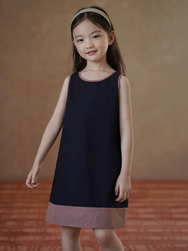 Quần áo trẻ em váy vest mùa hè váy màu xanh hải quân váy bé gái váy mỏng mùa hè đơn giản cao cấp
