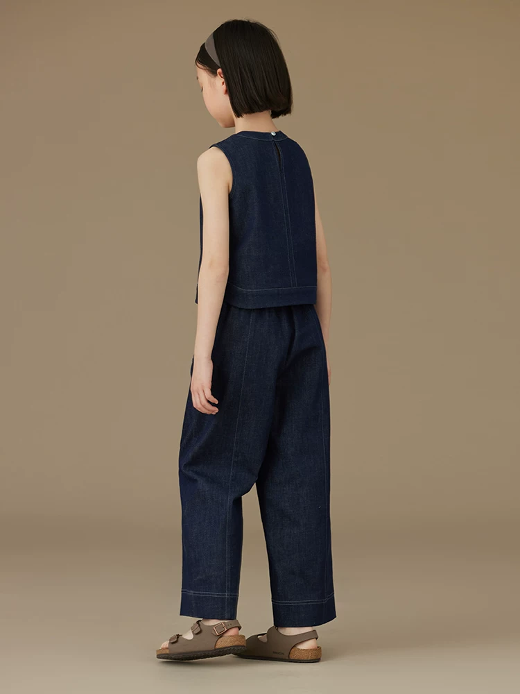 Quần áo trẻ em cho bé gái, áo vest cotton không tay mùa hè, quần ống rộng, bộ denim cho bé gái lớn, cảm giác cao cấp.