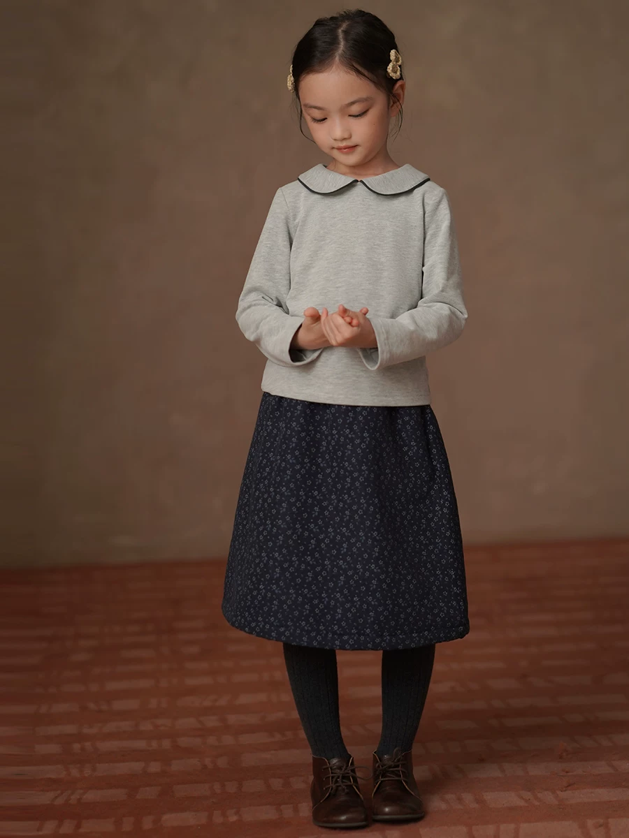 Quần áo trẻ em Hazi Áo thun dài tay mùa đông có lớp lót lông cừu, áo cổ búp bê ấm áp cho bé gái, áo sơ mi dệt kim, màu xám.