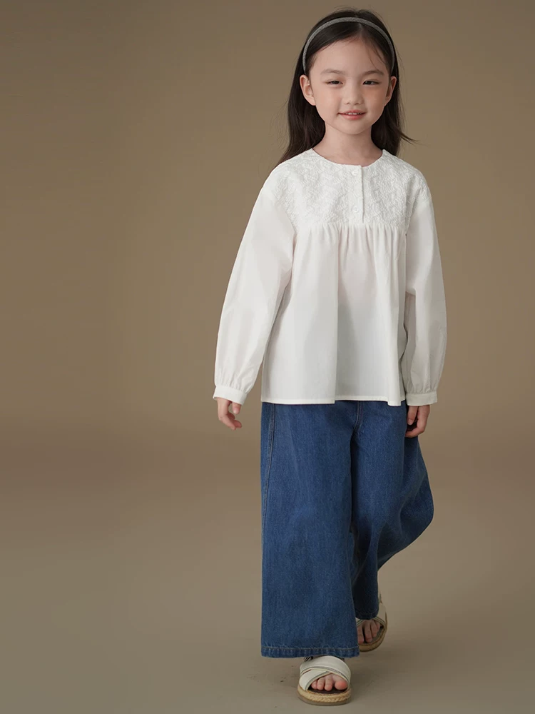 Quần denim trẻ em cho mùa xuân và mùa thu, quần ống rộng dáng rộng thông thường cho bé trai và bé gái, quần dài thông thường cho trẻ lớn hơn.