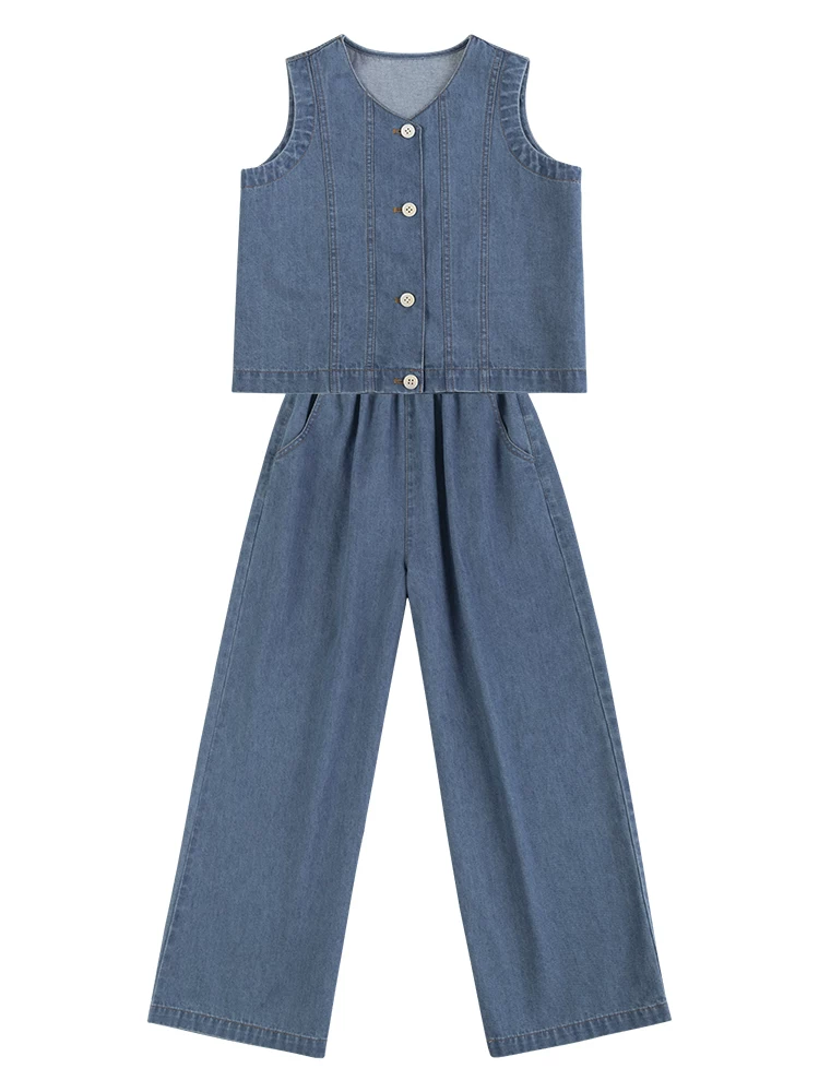 Trang phục denim trẻ em dành cho bé gái, quần áo mùa hè cho trẻ lớn, đồ đôi cha mẹ và con cái, áo ba lỗ rộng bằng cotton nguyên chất, quần ống rộng dài đến sàn.