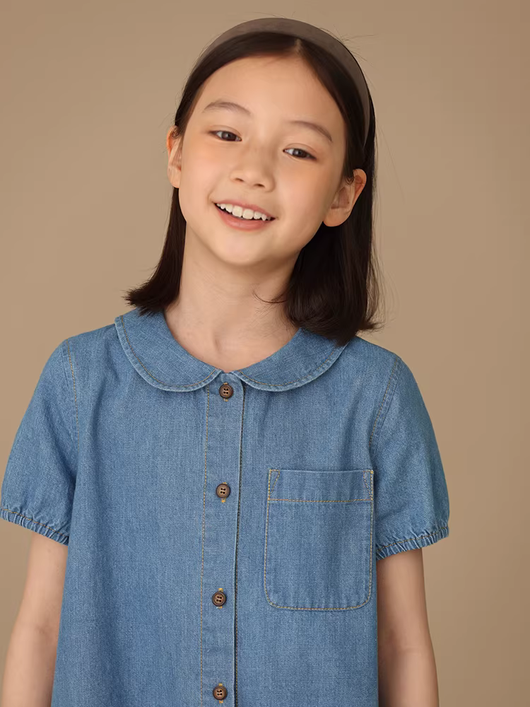 Quần áo trẻ em cho trẻ lớn, váy mùa hè cổ búp bê, váy denim ngắn tay thường ngày cho bé gái, chất liệu cao cấp.