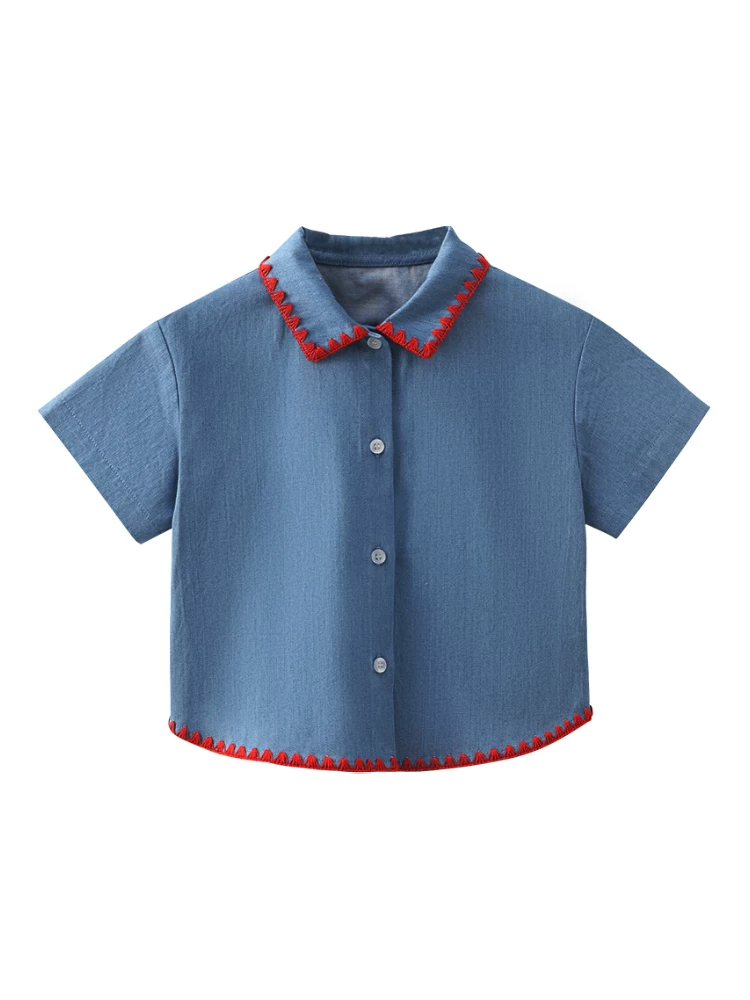 Áo sơ mi denim trẻ em Hazi 2025 kiểu retro, thời trang, dành cho bé trai và bé gái, tay ngắn, mùa hè