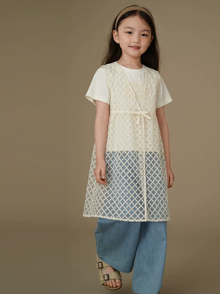 Quần áo trẻ em mùa hè Áo cardigan ren kiểu Pháp Váy không tay cho bé gái lớn hơn Váy vest có thiết kế thời trang