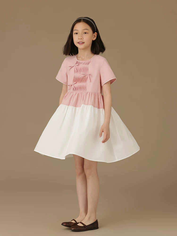 Quần áo trẻ em váy chắp vá màu hồng và trắng trẻ em mùa hè mới cotton mặc mùa hè váy ngắn tay mỏng cho bé gái