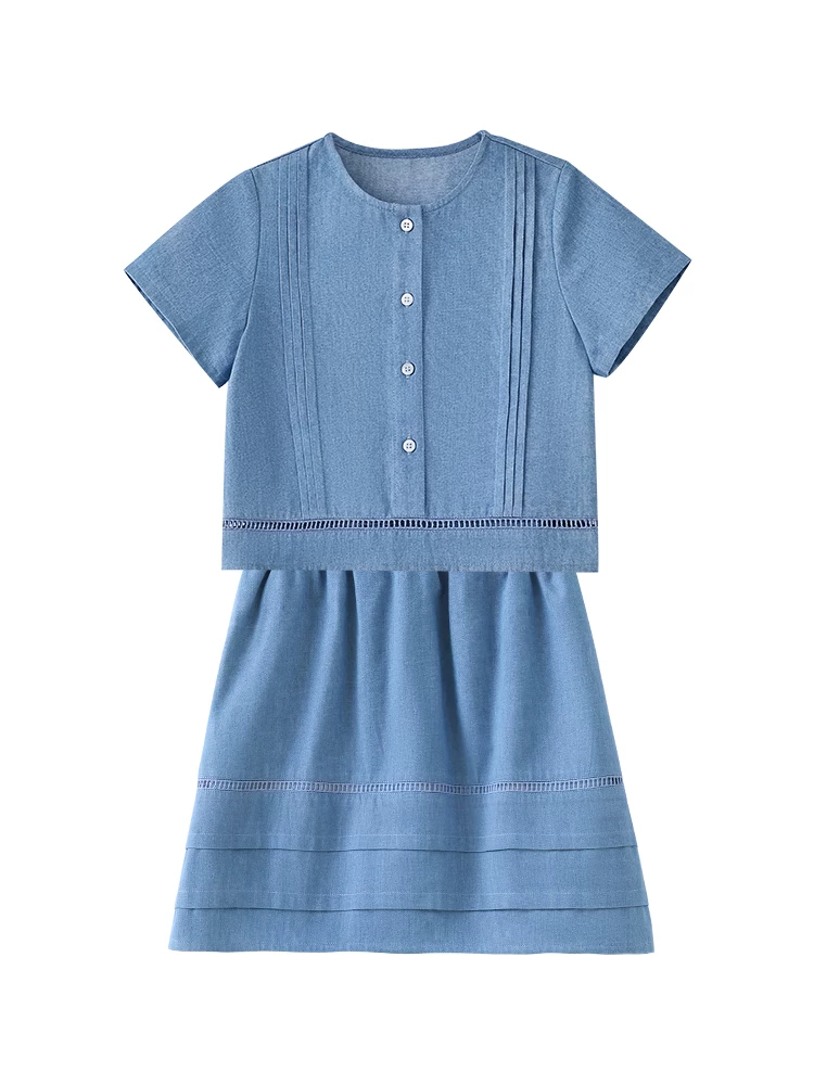 Hazi Quần Áo Trẻ Em Mùa Hè Denim Bộ Thân Thiện Với Làn Da Thoáng Khí Áo Sơ Mi Tay Ngắn Váy Bé Gái Thường Ngày Dáng Rộng
