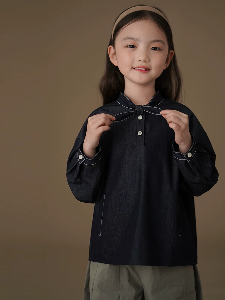 Áo sơ mi denim trẻ em, kiểu dáng mỏng mùa xuân thu, áo đơn giản, năng động dành cho bé gái, thiết kế mới mùa xuân thu 2025.