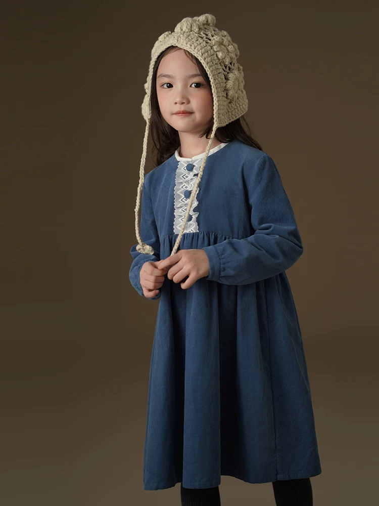 Quần áo trẻ em Ha Chi Váy dài tay kiểu Pháp thanh lịch dành cho trẻ em, Quần áo mùa đông bằng vải nhung cotton màu xanh hồ cao cấp dành cho bé gái.