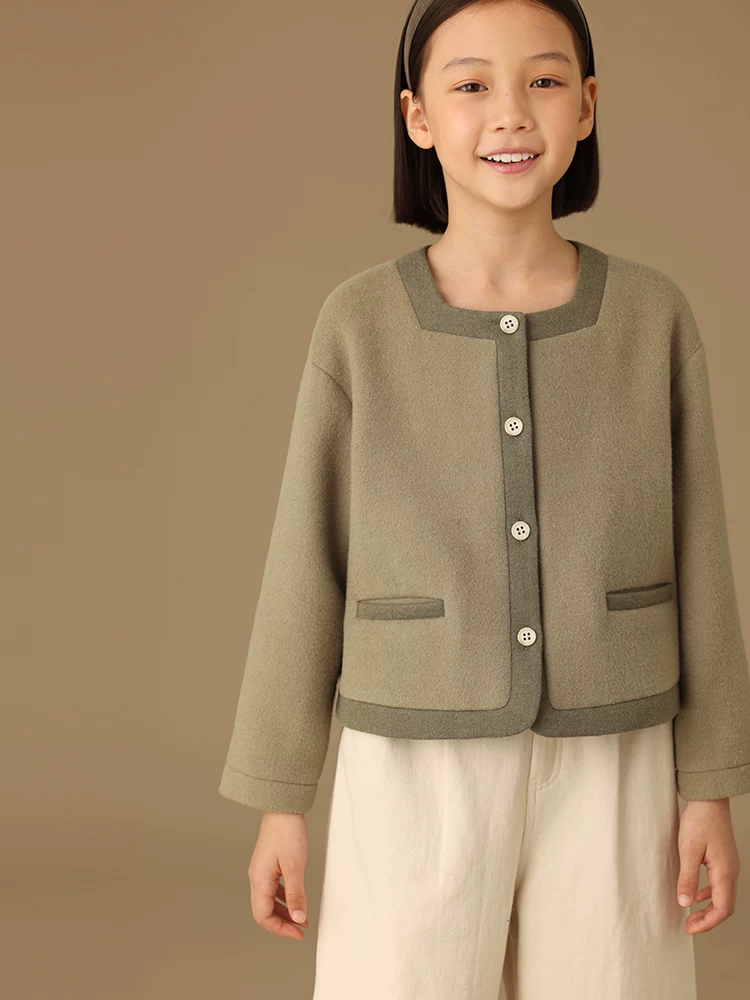 Áo khoác tweed cao cấp kiểu Pháp dành cho trẻ em, cổ vuông phối màu tương phản dành cho bé gái, áo khoác len ngắn cho mùa xuân và mùa thu.