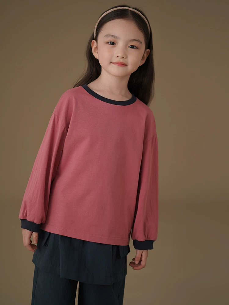 Quần áo trẻ em Hazi Áo thun dài tay xuân thu cho trẻ em, màu hồng và xanh hải quân, áo đơn giản cho bé trai và bé gái, áo lót thân thiện với làn da.