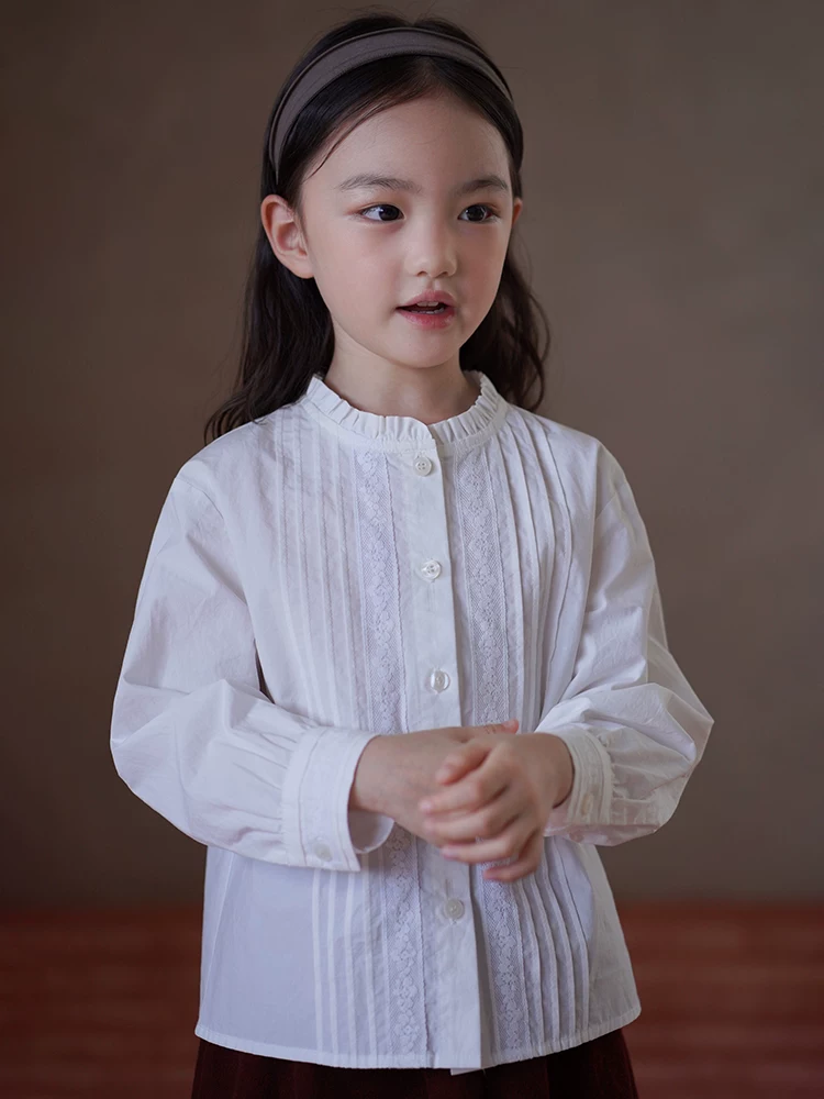 Quần áo trẻ em cho mùa xuân và mùa thu, áo ren nghệ thuật kiểu Pháp cho bé gái, áo trắng, áo cotton thân thiện với làn da cho trẻ lớn.