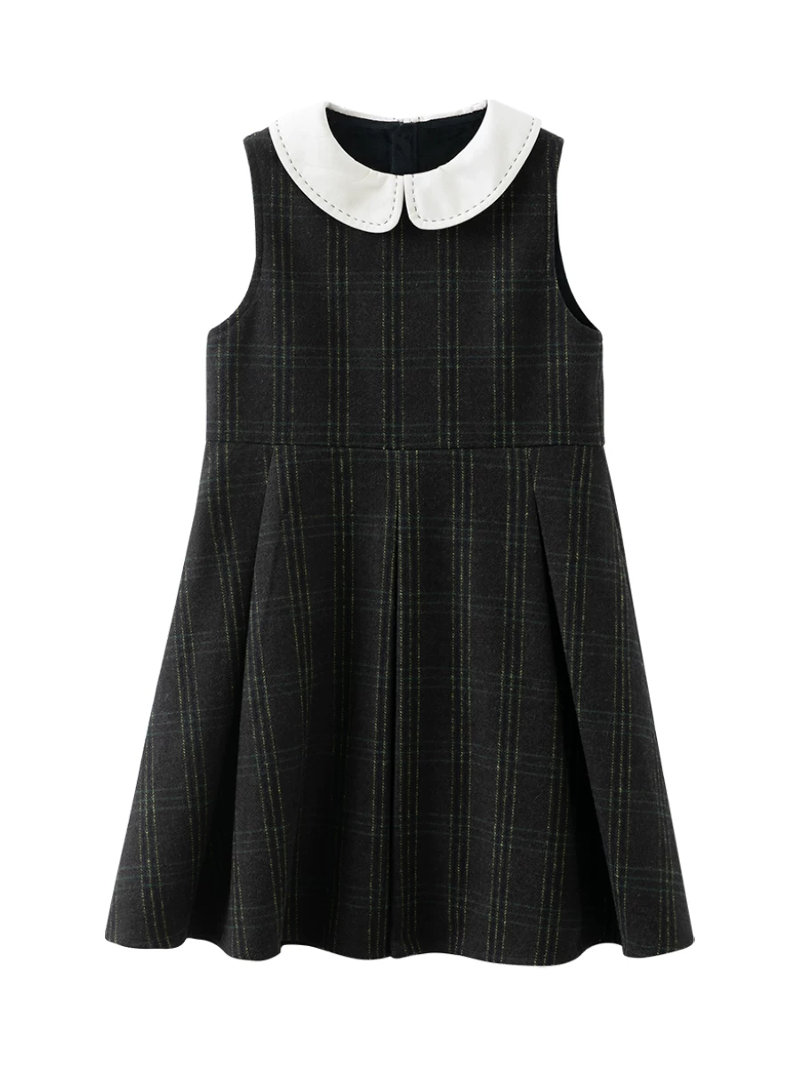 Quần áo trẻ em mùa thu đông, đầm trẻ em phong cách preppy, đầm vest kẻ caro cổ điển, váy len dài trung bình cho bé gái