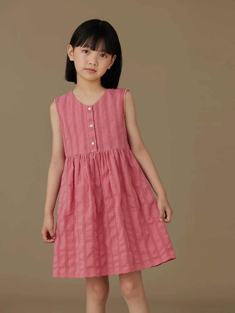 Quần áo trẻ em, váy vest màu đỏ hồng cho bé gái, váy không tay chất liệu cotton cho bé gái, kiểu dáng thời trang cho trẻ lớn.